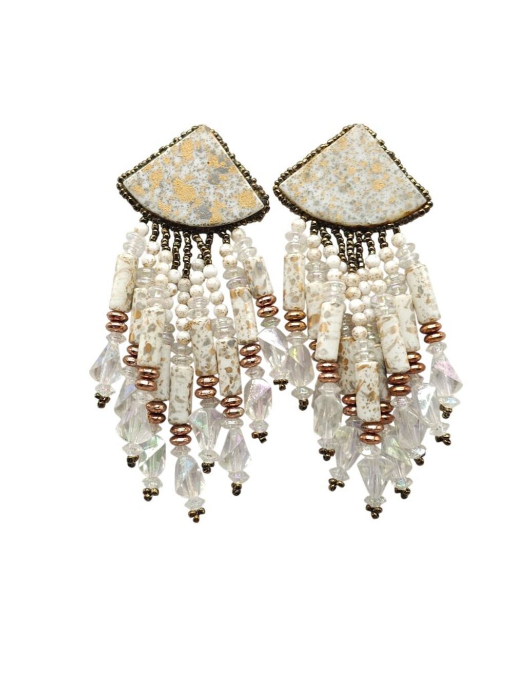 1980s Beaded Statement Dangle Earrings With Speckled White Triangular Post
